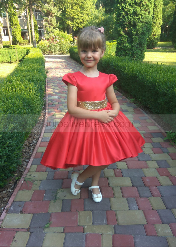 Coral Satin Gold Sequin Belt Flower Girl Dress